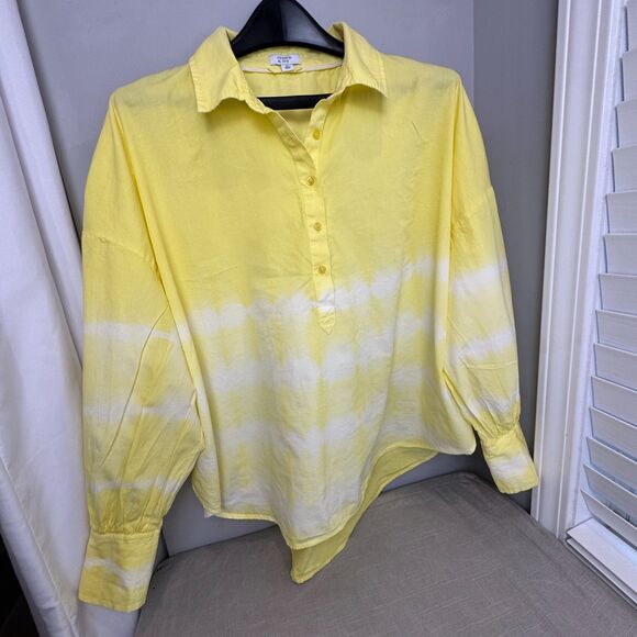 CROWN & IVY Tops - Crown & Ivy Women’s XL Bright Yellow White Tie-Dye Long Sleeve Hi-Lo Shirt